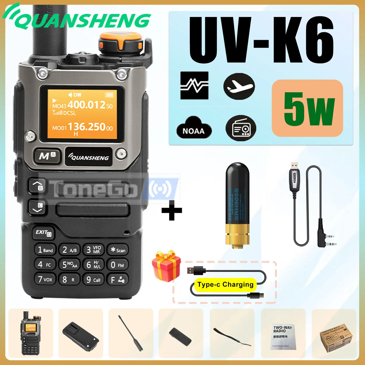 Quansheng UV-K6 Walkie Talkie 5W AM FM 50-600MHz USB-C Direct Charge NOAA Weather Multi Band UV-K58 UV-K5(8) Two Way Radio