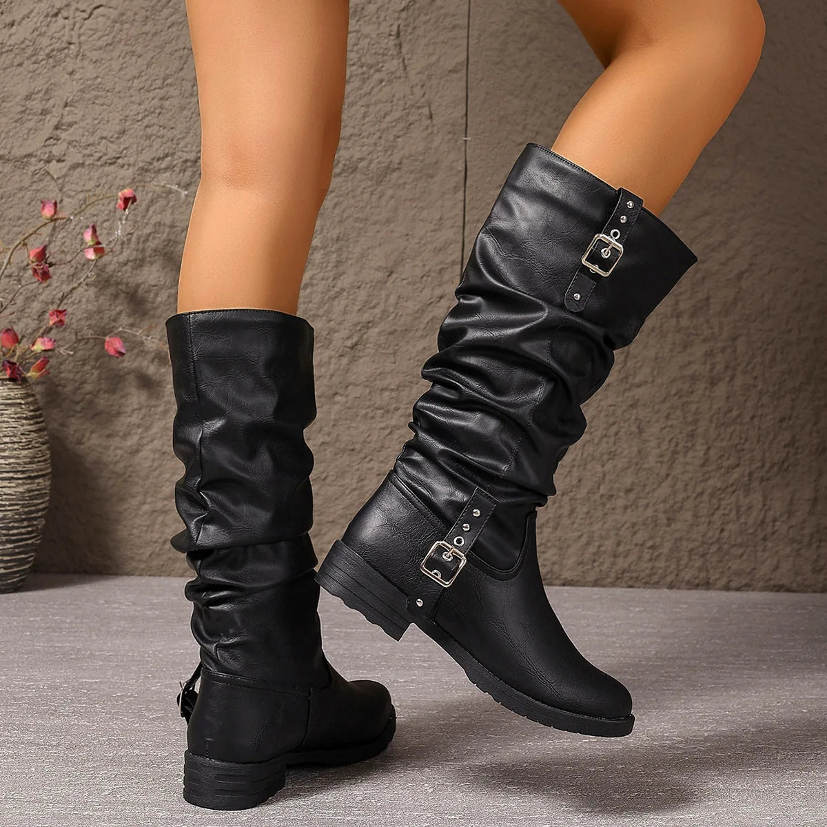 New Autumn Winter Vintage Women Knee High Boots Double Metal Buckle Thick Heels 3CM Knight Boots Casual Pull On Long Boots Shoes
