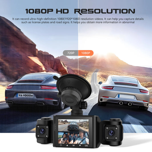 Podofo 2.4-inch 1080P Car Rear Mirror Dash Cam DVR Camera Triple Record HD Car Recorder With 480P Car Left, Right Camera Support Motion Detection Loop Recording Car Video Recorder