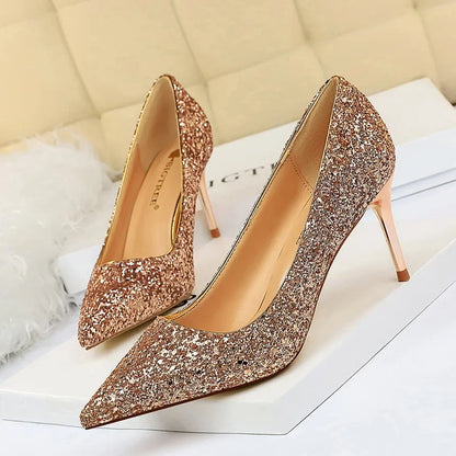 Women Luxury Bling Red  Blue Valentine Party Scarpins Pumps Lady Glitter Sequins 7cm 9.5cm High Heels Designer Shoes Plus Size