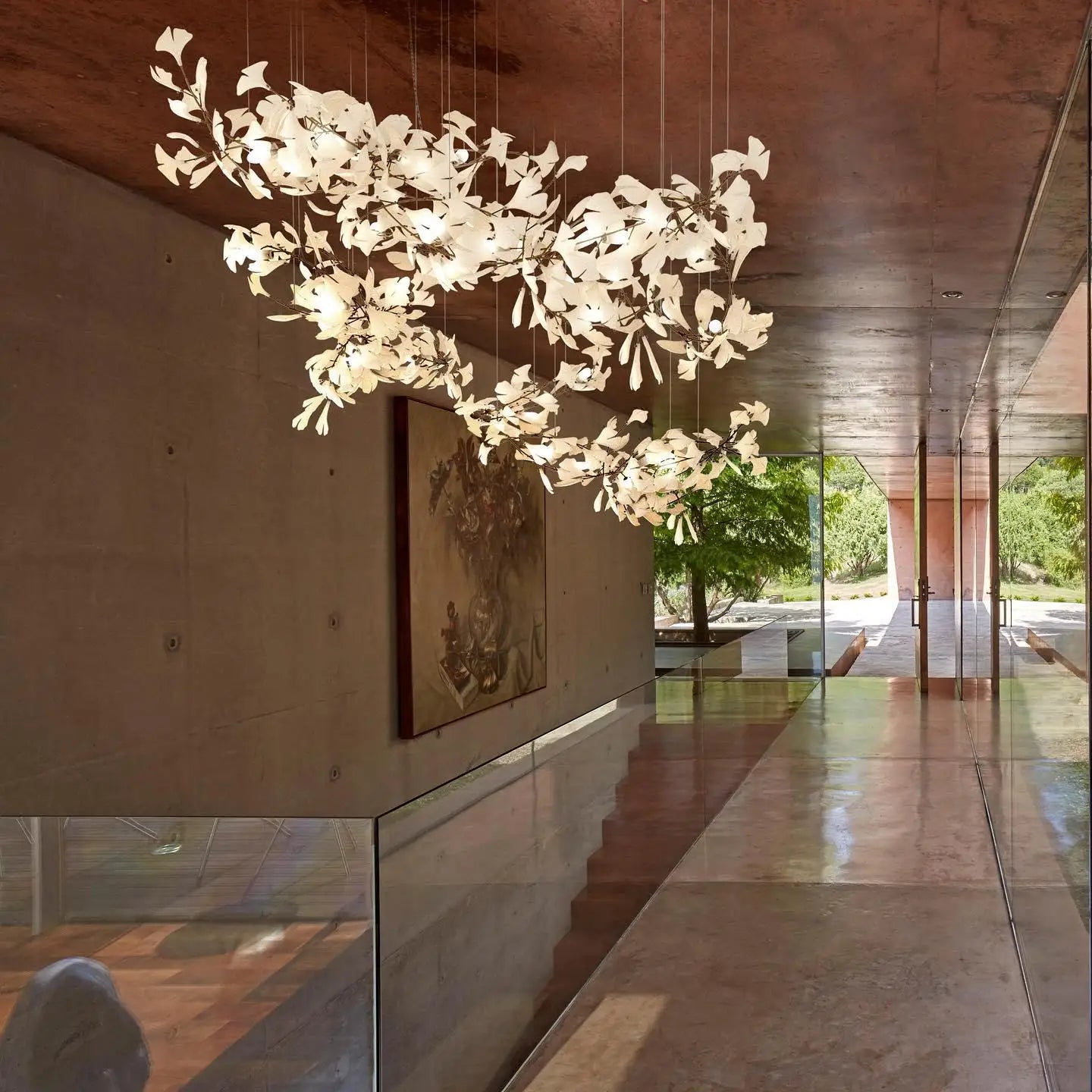 Ginkgo Leaves Loft Hanging Chandelier Light For High Ceiling Staircase Living Dining Room Modern White Porcelain Leaf Chandelier