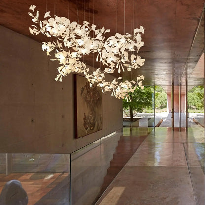 Ginkgo Leaves Loft Hanging Chandelier Light For High Ceiling Staircase Living Dining Room Modern White Porcelain Leaf Chandelier