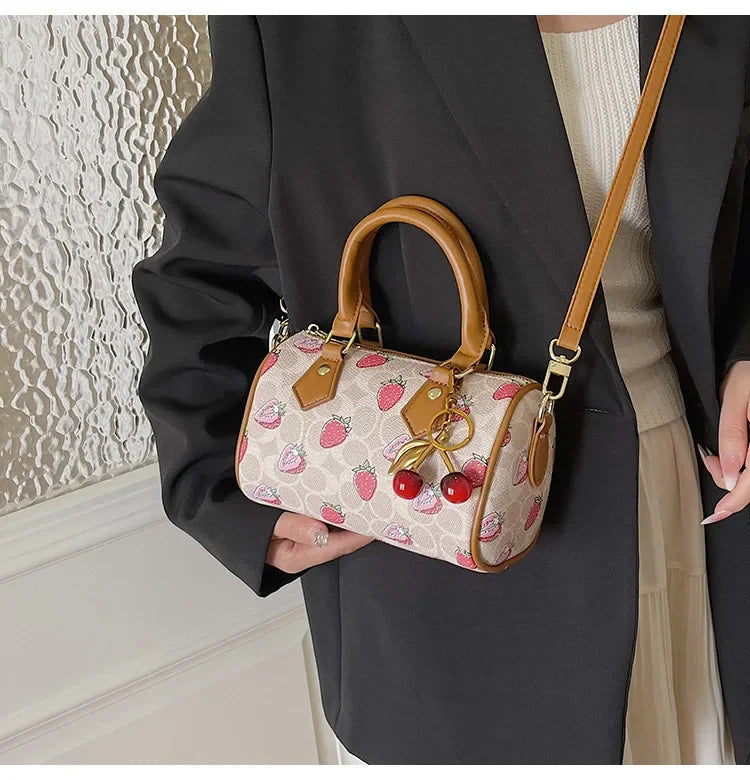 2026 Luxury Designers Crossbody Bags Cherry Pattern PU Leather Boston Handbag Shoulder Bags Bolsos Mujer Bags Woman Tote Bag
