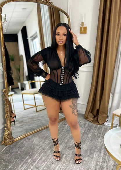 Boho Summer Mesh Casual Playsuit Sexy Women V-neck Elegant Night Club Ruffles Romper Overalls