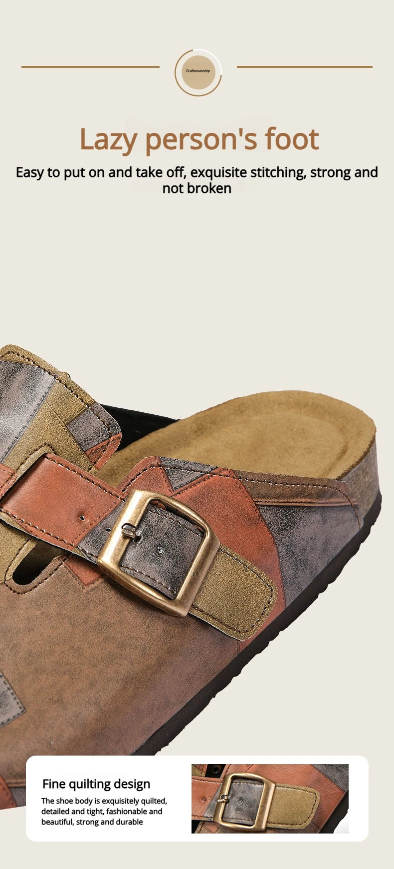 Unisex Cork Closed Toe Slippers Slip-on Clogs Slides Fashion Leather Sandals with Adjustable Buckle Backless Comfort Footbed