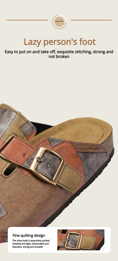 Unisex Cork Closed Toe Slippers Slip-on Clogs Slides Fashion Leather Sandals with Adjustable Buckle Backless Comfort Footbed