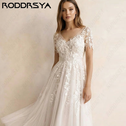 RODDRSYA Mid-Calf A-Line Customized Wedding Dresses V Neck Tulle Simple Bride Gown Short Sleeve Lace Appliques Bridal Dress