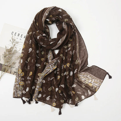 2025 Japanese Boho Linen Scarf: Vintage Floral Print Patchwork Shawl - Sun Protection Fringe Wrap Women