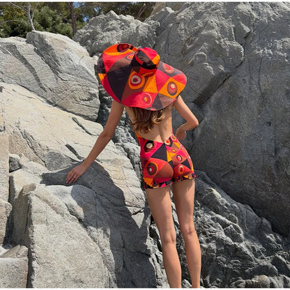 Colorful Print Backless Playsuit Women Sexy Halter Deep V-neck Sleeveless Ruffle Hem Jumpsuits Rompers Beach Holiday Bodysuits