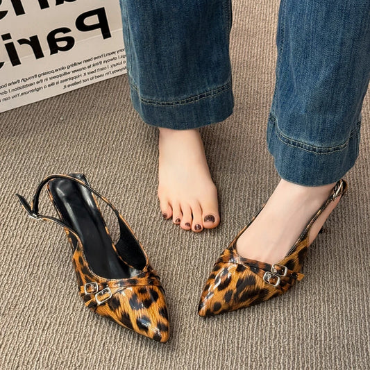 Women's Sandals Leopard Sexy High Heels Shoes Pointed Toe Luxury Pumps Slippers Woman Brand Dress Buckle Ladies De Flip Flops