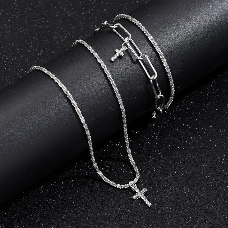 Sparkling 925 Sterling Silver Gypsophila Necklace Bracelet Set For Women Luxury Zircon Cross Pendant Three Piece Jewelry Set