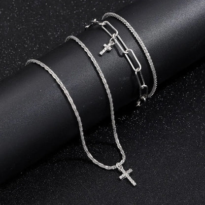 Sparkling 925 Sterling Silver Gypsophila Necklace Bracelet Set For Women Luxury Zircon Cross Pendant Three Piece Jewelry Set