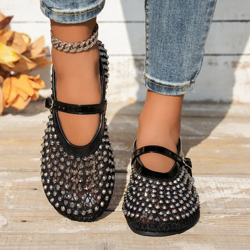 Women's Mary Jane Shoes Luxury Brand Casual Single Shoes Women's Rhinestone Plus Size Womens Round Head Buckle Beach Flat Shoes