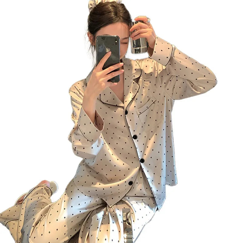 French High Sense of Sleepwear Women Spring and Fall New Simple Polka Dot Long-Sleeved Long Pants Ice Silk Homewear Fashion Suit