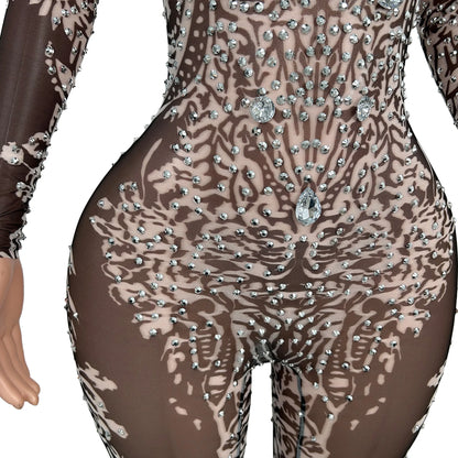 sexy long sleeves night club party rhinestone jumpsuits women birthday prom bodycon rompers show dance bodysuit festival outfit