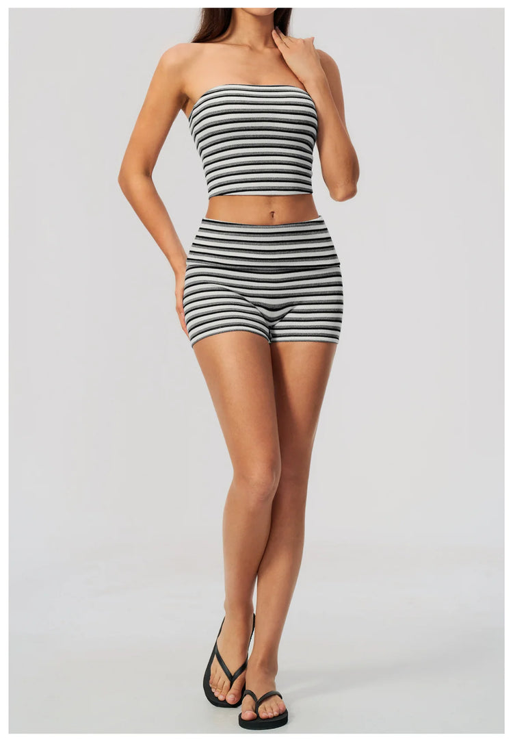 Women 2/3pcs Yoga Set Gym Clothing Fitness Suit Workout Tracksuit Outfits Ribbed Striped Strapless Tube Top Zipper Long Sleeve