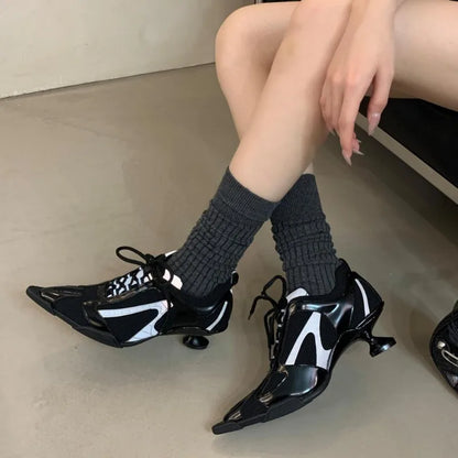 Silver Lace-up Sports Heels Women Fashions Pointed Toe Strange Style Mesh Sneakers Elegant Punk Shoes Female Luxury Brands Pumps