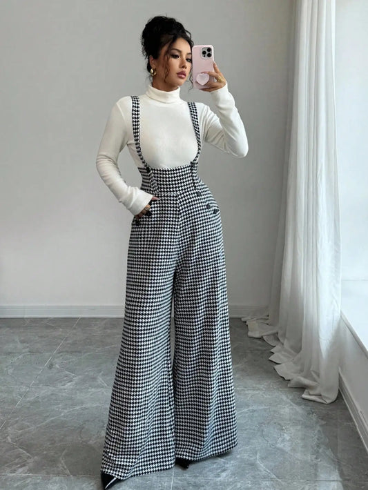 Overalls for Women's Winter Jumpsuit Black White Vintage Wide Leg Suspender Pants for Office Commute Casual Female Clothing