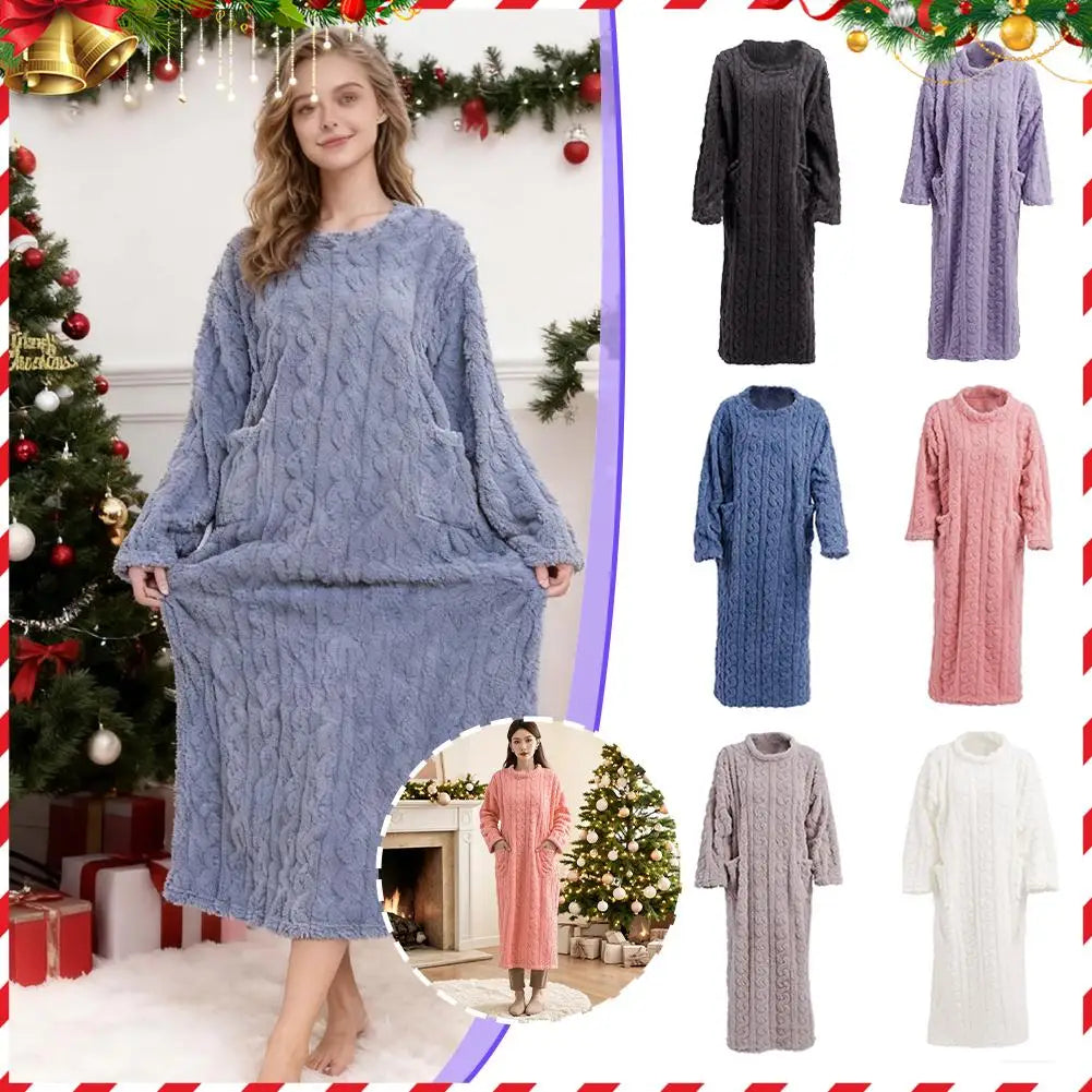 Women's Fuzzy Fleece Nightgown Winter Warm Cozy Plush Pajamas Casual Long Sleeve Crewneck Sleepwear Pullover Flannel Night Dress