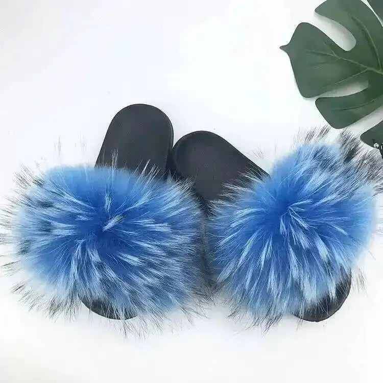 Real Raccoon Fur Slippers For Women 2026 Summer Fluffy Indoor House Fuzzy Flat Slides Outdoor Fashion Beach Sandals Flip Flops