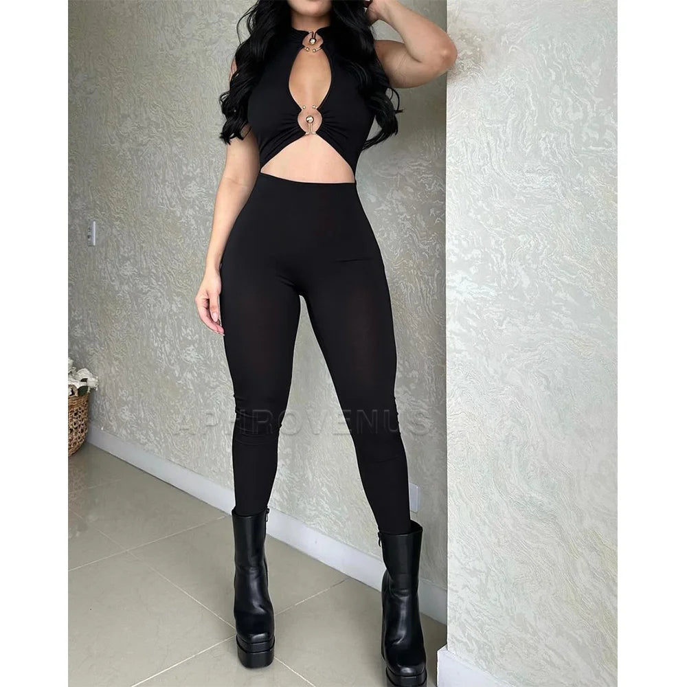 Sexy Hollow Out Bodysuit Women's Black Bodycon Jumpsuits with Metal Ring Connection Party Fashion Clubwear One-piece Suit