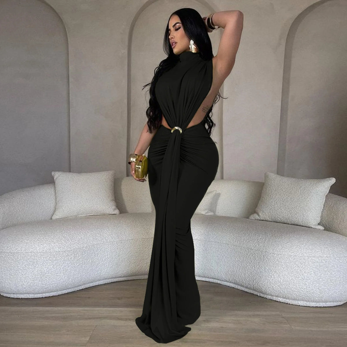 CM.YAYA Women O-neck High Split Ruched Stacked Bodycon Midi Maxi Dress 2024 Evening Party Club Vestidos Sexy Chic Long Dresses