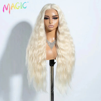 Magic Synthetic Lace Front Wig Long Deep Wavy 30 Inch Ombre Blonde Ginger Lace Wigs For Black Women Heat Resistant Cosplay Wigs