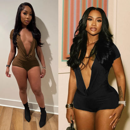 2026 Spring New Ruched Deep V Bodycon One Piece Rompers Women Short Sleeve Slim Jumpsuits Sexy Baddest Solid Color Overalls