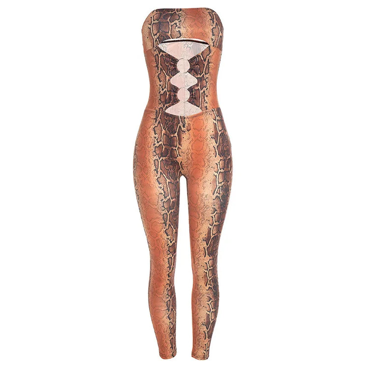 STYLISH LADY Snake Print Strapless Jumpsuits 2026 Women Hollow O Ring Sleeveless Bodycon Sexy Club Party Street Long Jumpsuit