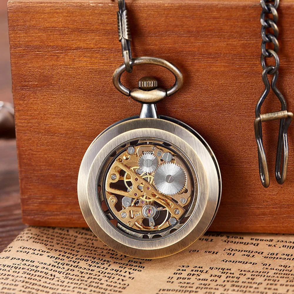 Vintage Transparent Hollow Women Men Skeleton Mechanical Pocket Watch Hand Winding With Waist Belts Chains Gift Watches Clock