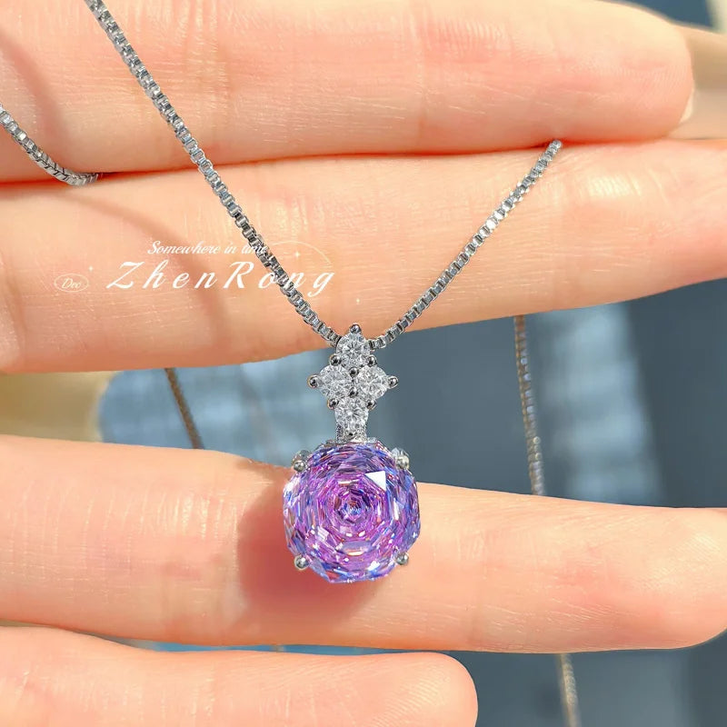 Foyejev Luxury Round Rose-cut Purple-Iron Oxide Zircon Pendant Necklace Earrings Ring Engagement Jewelry Set (Women's Style)