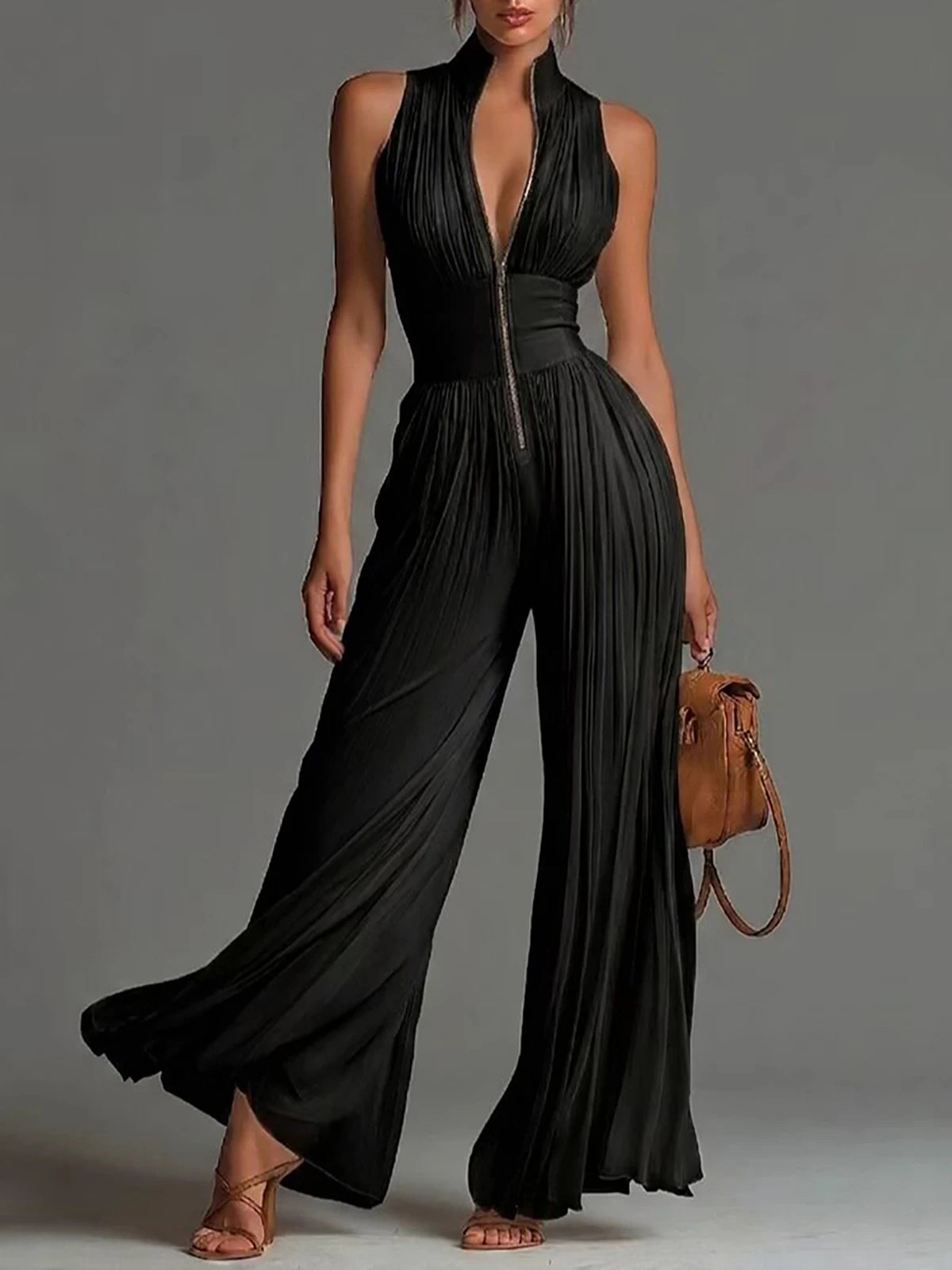 Women's Elegant Pleated Jumpsuit Sleeveless Stand Collar Zipper V-Neck High Waist Wide Leg Romper Party Outfit Fashion Jumpsuit