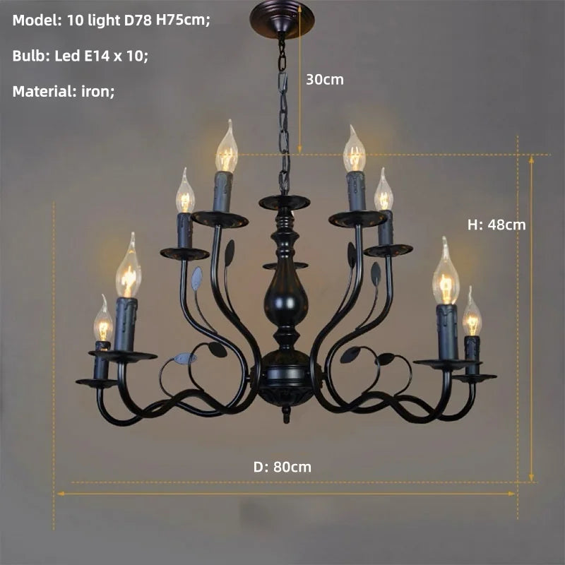 American Retro Cafe Pendant Light Dining Room Black Metal Ceiling Chandelier Industrial Candle E14 Chandelier Lighting