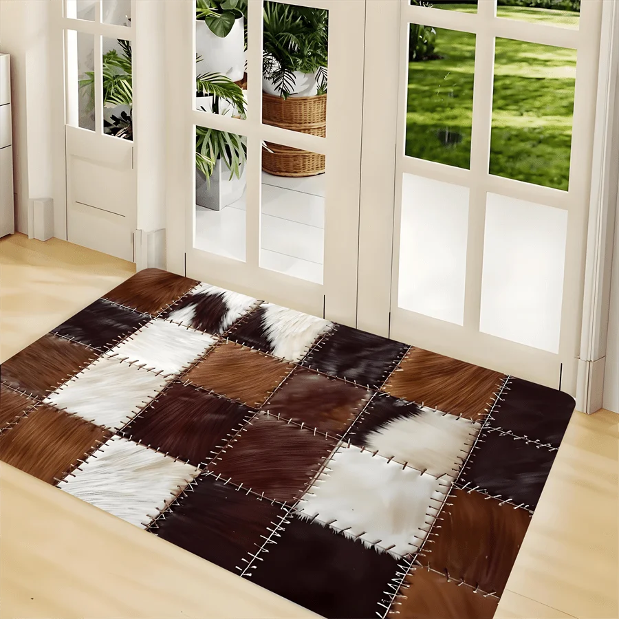 Checkered Cow Leather Pattern Doormat, High-Quality Flannel Non-Slip Machine Washable Rug for Multi-Room Multi-Holiday Decor