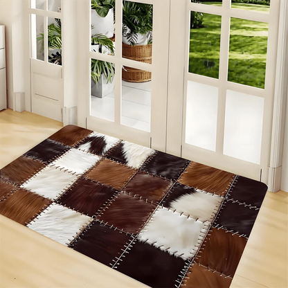 Checkered Cow Leather Pattern Doormat, High-Quality Flannel Non-Slip Machine Washable Rug for Multi-Room Multi-Holiday Decor