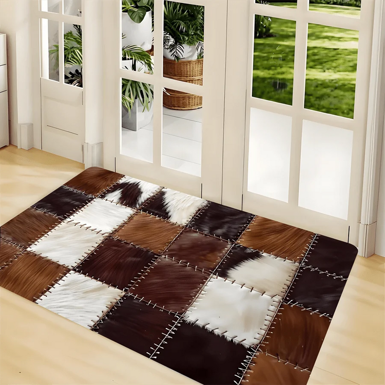 Checkered Cow Leather Pattern Doormat, High-Quality Flannel Non-Slip Machine Washable Rug for Multi-Room Multi-Holiday Decor