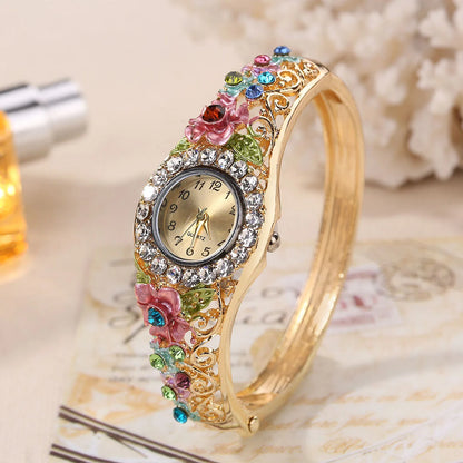 Women's Watches Stainless Steel Rhinestone Quartz Watch Women Fashion Flower Vintage Bangle Elegant Wristwatch Zegarek Damski