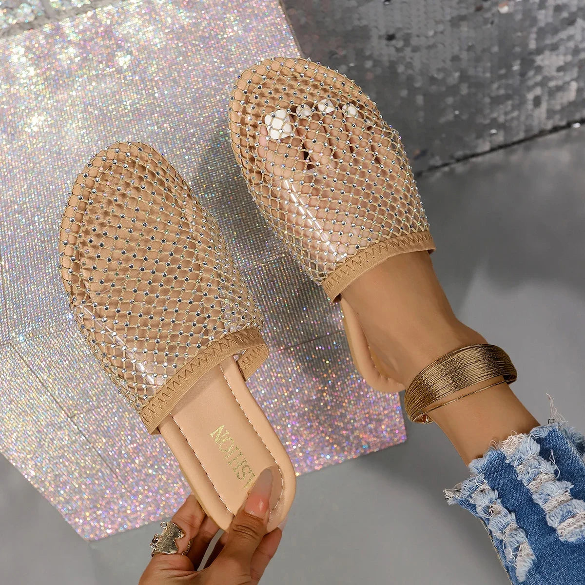 Women Slippers Summer Sexy Mesh Indoor Home Sandals Square Toe Female Flat Slippers Outdoor Clogs Beach Slippers Slides Women