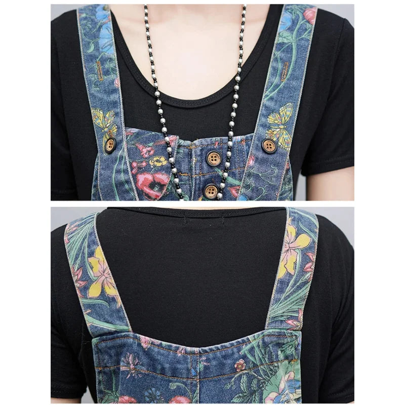 Casual Streetwear Print Floral Denim Jumpsuit Woman Loose Baggy Wide Leg Pants Rompers Big Size Pockets Straps Jeans Overalls