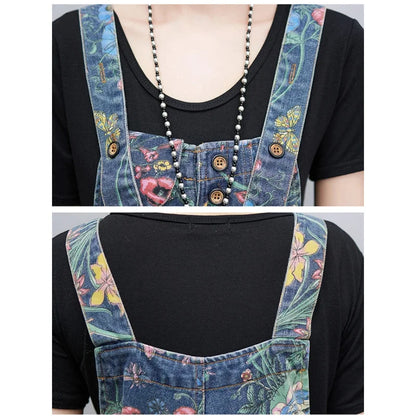 Casual Streetwear Print Floral Denim Jumpsuit Woman Loose Baggy Wide Leg Pants Rompers Big Size Pockets Straps Jeans Overalls