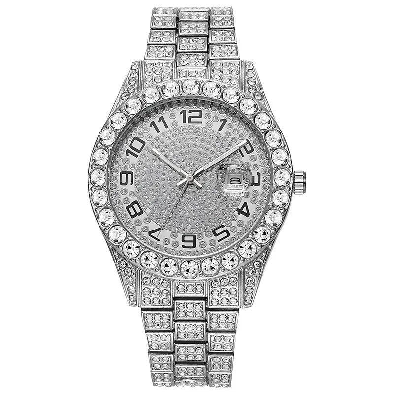 Hot Selling Full Diamond dial Iced Out alloy decoration Quartz Watch Men Luxury Hip Hop Men Watches Day Date Male classic Clock