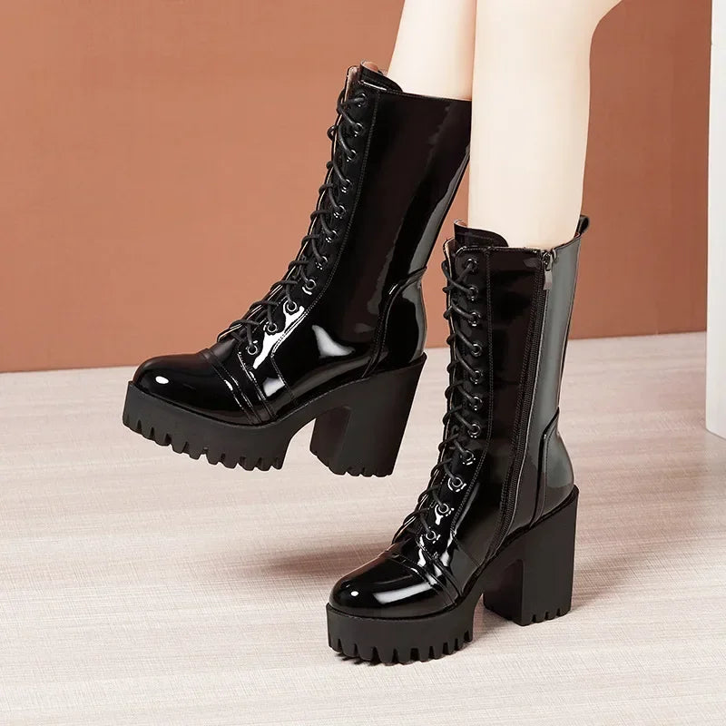 10cm Small Size 32-43 Fall Winter Genuine Leather Boots Platform Shoes 2026 Womens Block High Heels Mid Leg Boots Office Model
