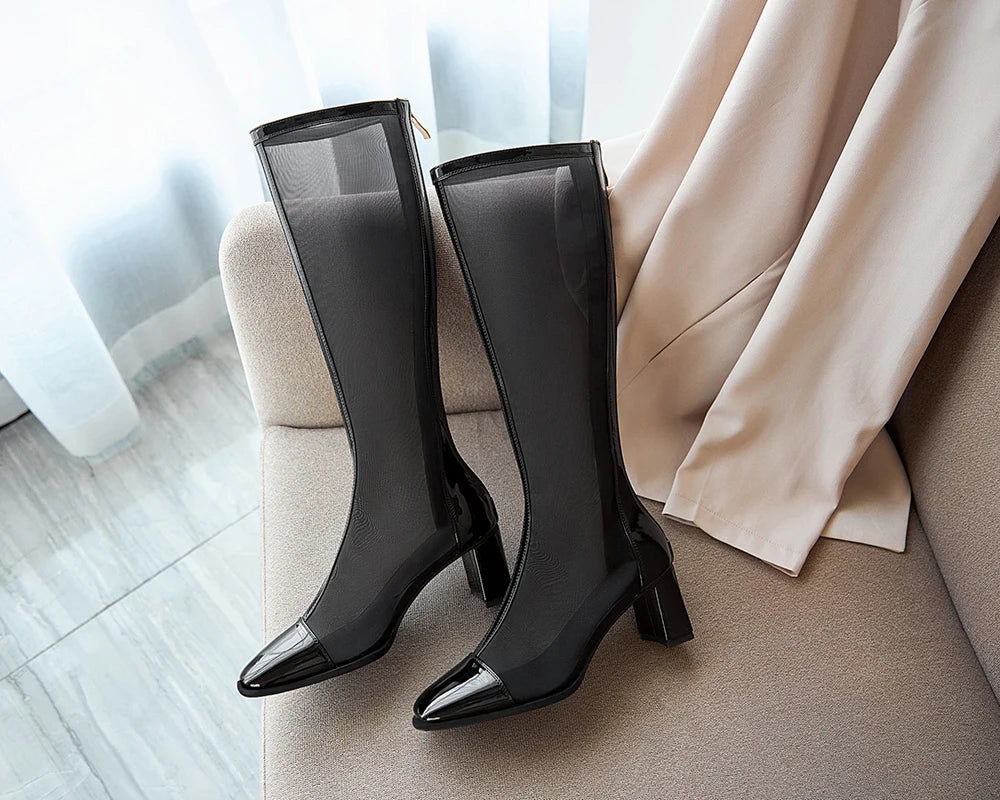 Sexy Air Mesh Zipper Female Boottes Summer Ponited Toe Ankle Boots Patchwork High Heesl Fashion Women Shoes Big Size 32-46
