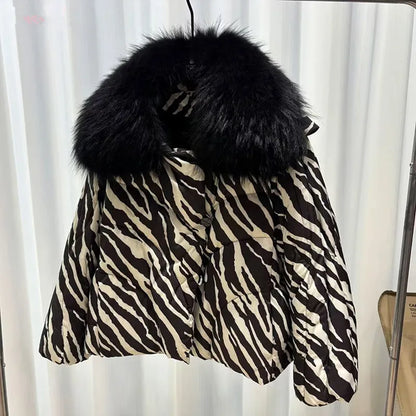 Women's Leopard Print down Jacket European Winter Natural Raccoon Fur Collar Short Warm Duck down Coat