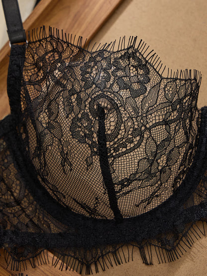 Ladies' Basic Style Thin Lace Bra And Panty Set Seamless Single Layer Eyelet Underwear Comfortable Intimate Apparel