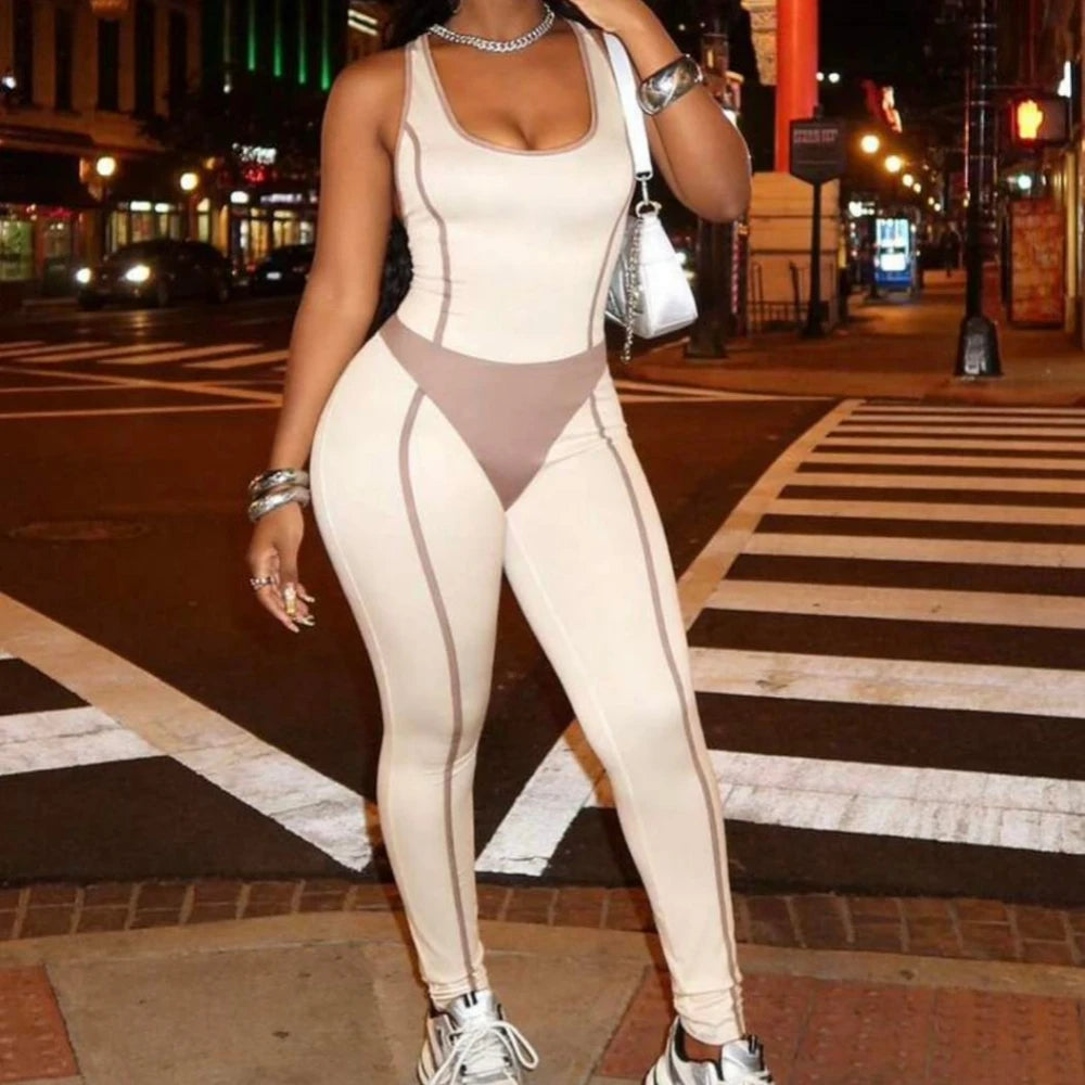 HLJ&GG White Spring New Color Splicing Bodycon One Piece Jumpsuits Women Sleeveless Backless Slim Sporty Playsuit Casual Overall