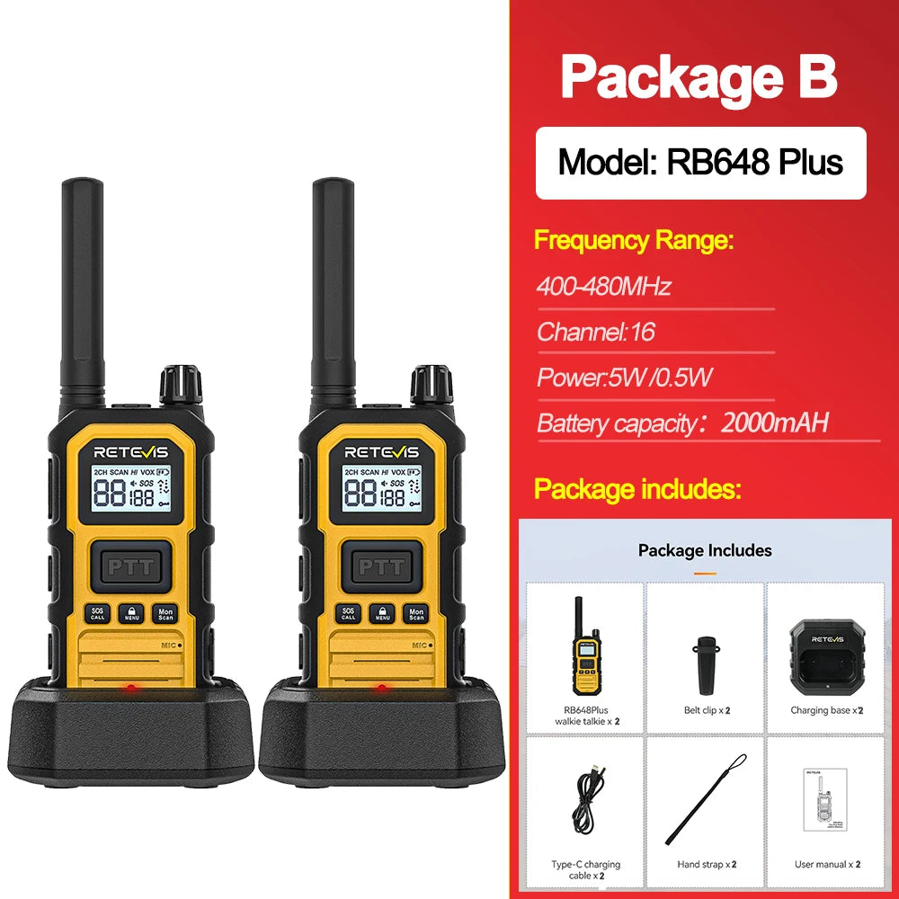 Retevis RB648Plus IP67 Waterproof Walkie Talkie LCD Display Walkie-talkie Long Range Dual PTT Heavy Duty 2 Way Radio for Factory