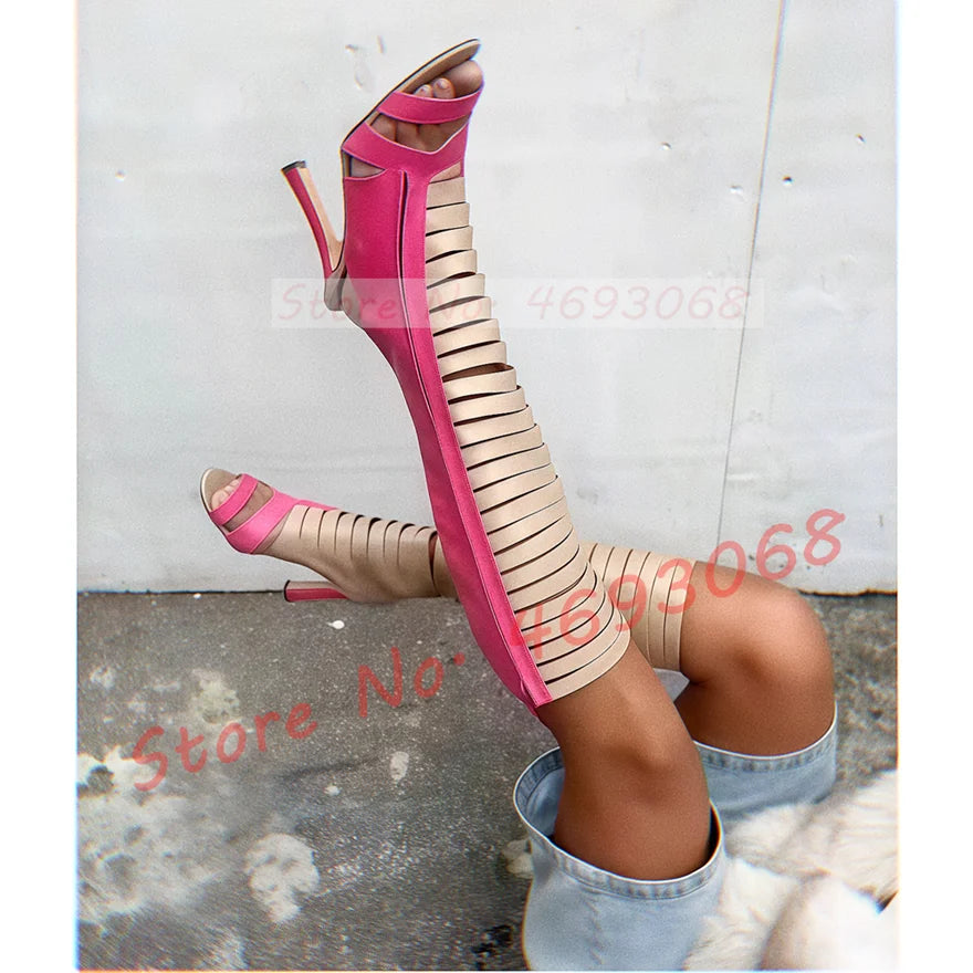 Pink Strappy Open Toe Knee High Boots Women Sexy Nude Splicing Leather Cutout Boots Outfit Novelty Mixed Color High Heels Shoes