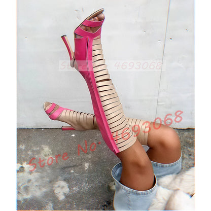 Pink Strappy Open Toe Knee High Boots Women Sexy Nude Splicing Leather Cutout Boots Outfit Novelty Mixed Color High Heels Shoes