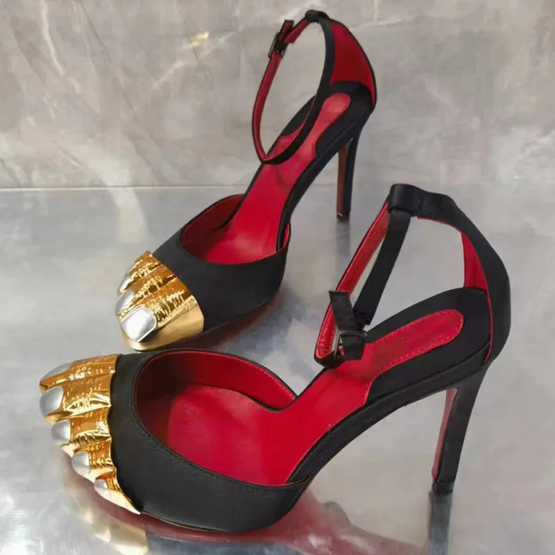 Novelty Stiletto Sandals For Women Pointed Toe Ankle Strap Designer New Brand Luxury Female Shoes Cool Elegant Metal Decoration
